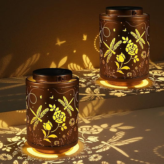 2 Pack Solar Lanterns Garden Decor Birthday Gifts for Women Mon Grandma Metal Hanging Solar Lights Waterproof Outdoor Decoration for Outside LED Lanterns for Yard Patio Lawn(Dragonfly)-VerdiqueGarden