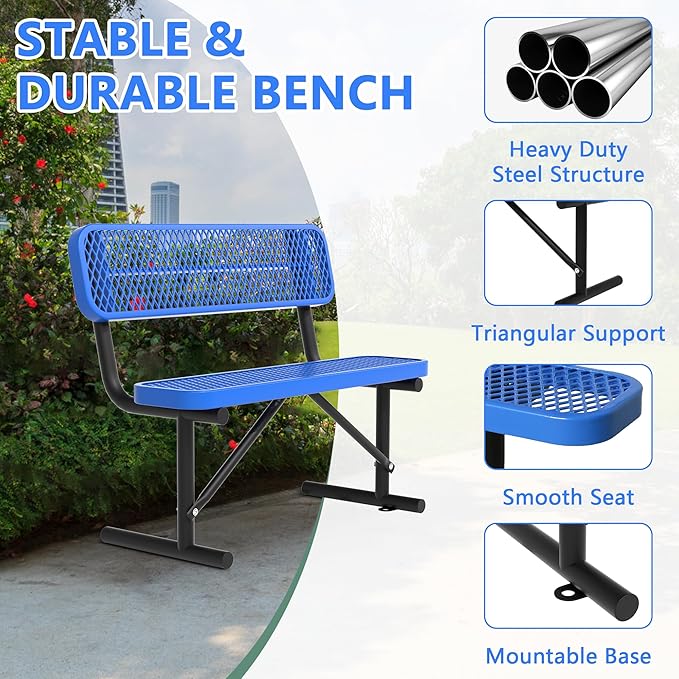 Heavy Duty Park Bench with Back Portable Frame, Outdoor Steel Bench with Backrest, Outdoor Park Bench Expanded Metal Mesh Bench for Lawn, Park, Deck, Garden, Patio, Porch, Black (Blue, 4FT)-VerdiqueGarden