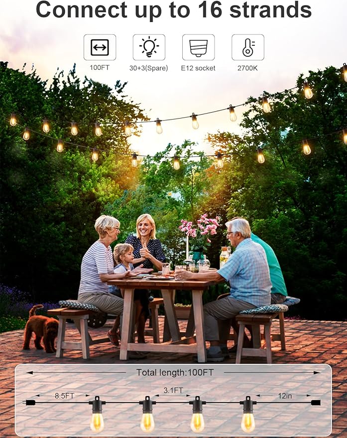 Svater Outdoor String Lights 100 FT, Patio Light for Outside with Shatterproof Bulbs, Waterproof LED Hanging Lights for Cafe Backyard Bistro Party, Warm White-VerdiqueGarden