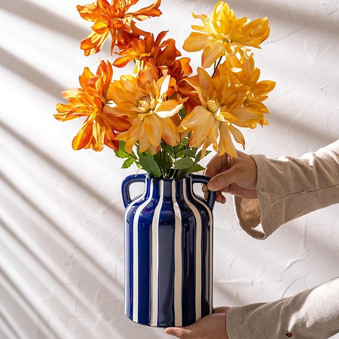 Ceramic Blue and White Checkered Stripes Vase with Handles, Modern Bohemian Floral Navy Blue Vases for Centerpieces, Cottage Core Home Decor, Flower Vases for Bouquet Mantle Bedroom Bookshelf 9.1 in-VerdiqueGarden