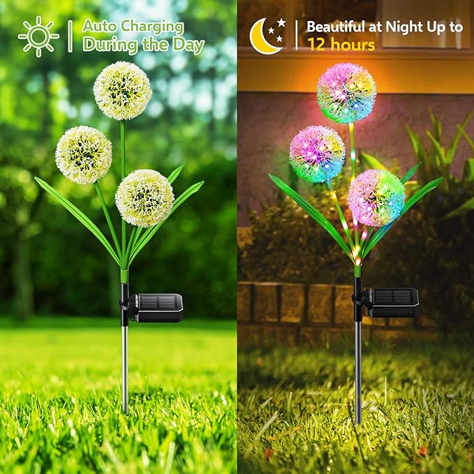 4 Pack Solar Garden Lights Outdoor Decor, New Version 12 Glowing Dandelion Lights & Stems with 144 Colorful LED, 2 Modes Control Solar Lights Outdoor Waterproof IP65 for Yard, Lawn, Pathway-VerdiqueGarden