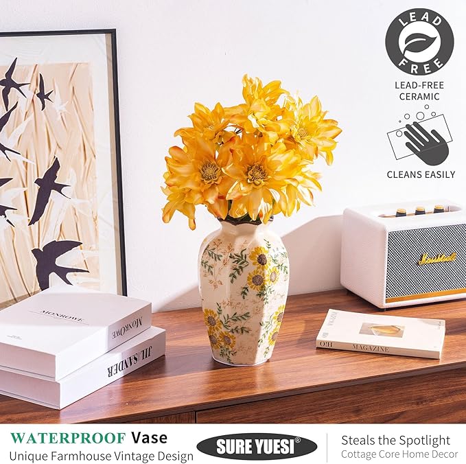 Hand-Painted Sunflower Vintage Ceramic Octagonal Vase, Green Yellow Beige Flower Vases for Bouquet, Fireplace Mantle, Table Centerpieces, Bookshelf, Office, Chinoiserie Floral Home Decorations 9.1 in-VerdiqueGarden