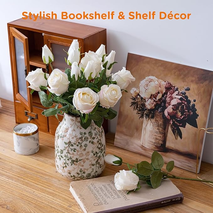 Rustic Vintage Ceramic Vase, 7.8 inch Beige and Green Decorative Vase, Aesthetic Farmhouse Pottery Vase for Home Decor, Living & Dining Room, Bookshelf, Office, TV Stand Table Decor-VerdiqueGarden