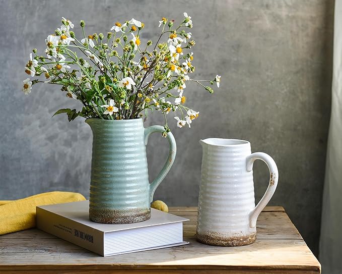 Quoowiit Ceramic Rustic Vase with Handle, Green Distressed Decorative Farmhouse Pitcher Vase for Home Decor Living Room Bedroom Kitchen Office Shelf Decor Centerpiece Table Decoration-VerdiqueGarden