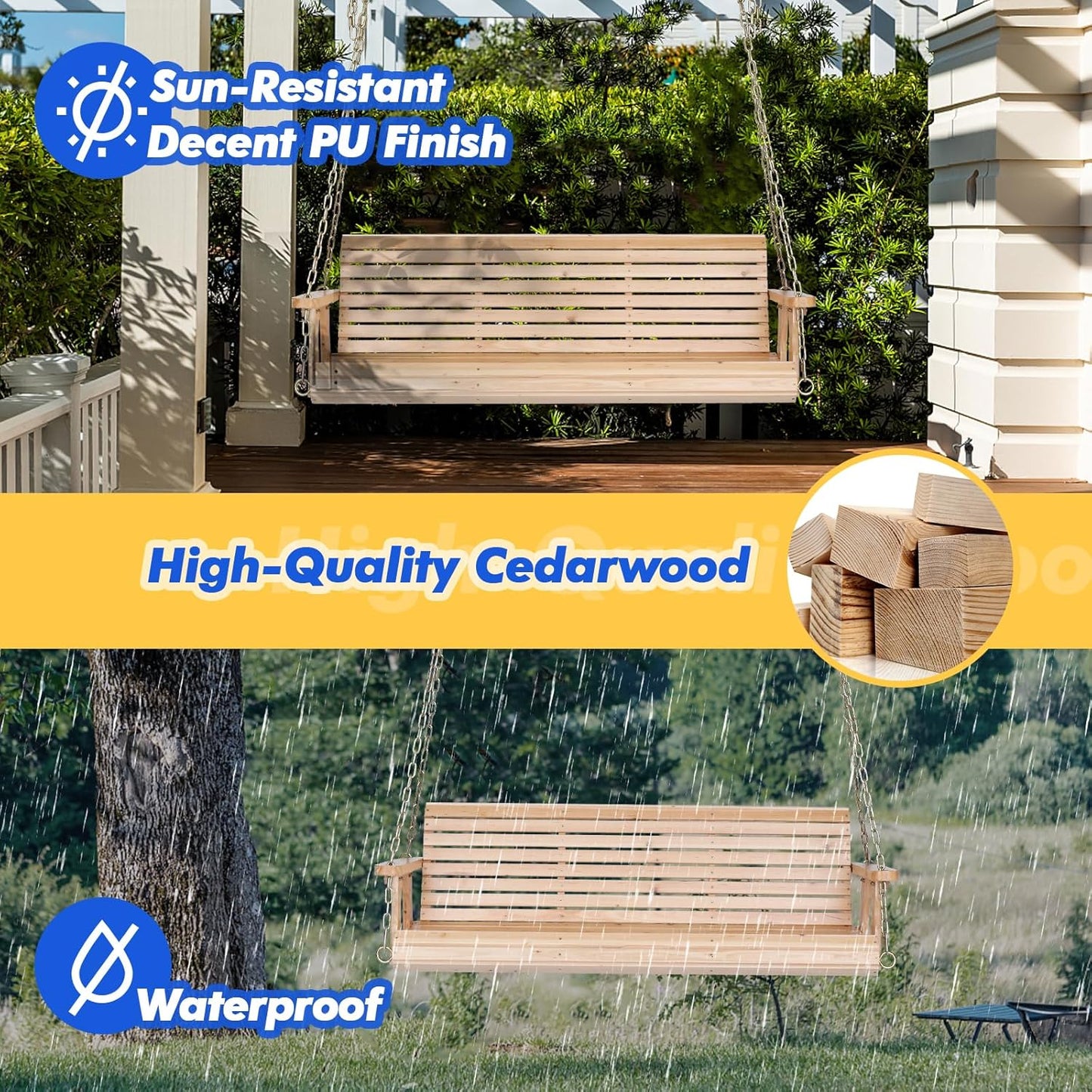 VINGLI Upgraded Patio Wooden Porch Swing for Courtyard & Garden, Heavy Duty 880 LBS Swing Chair Bench with Hanging Chains for Outdoors (Natural, 5 FT)-VerdiqueGarden