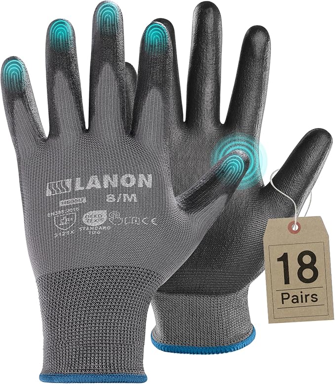 LANON 18 Pairs Safety Work Gloves, Mechanic Working Gloves for Men,Breathable PU Coated, Seamless Knit,Double Wash, Grey, Medium-VerdiqueGarden
