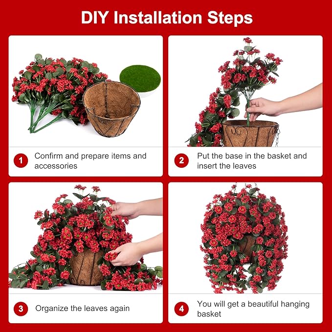 Hanging Baskets Artificial Flowers for Outdoor Interior Decor, Artificial Daisies Flowers Shrubs Plants with Baskets for Home Porch Garden Patio Patio Spring Summer Decor(Red)-VerdiqueGarden