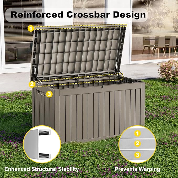 230 Gallon Outdoor Deck Box,Storage Lockable Waterproof Patio Furniture,Garden Tools,Cushions,Pool Accessories Outside Storage Resin Box(Grey)-VerdiqueGarden