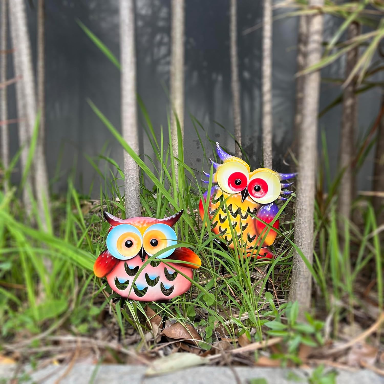 Pack of 2 Metal Fresh Color Owl Garden Statues Silhouette Couple Stakes Decorative Outdoor Animal Sculptures for Yard Décor and Lawn Ornaments-VerdiqueGarden