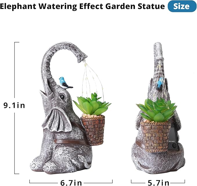Solar Elephant Watering Effect LED Lights Garden Statue, Outdoor Garden Decor for Lawn, Balcony, Yard, Gifts for Mom, Grandma, Wife-VerdiqueGarden