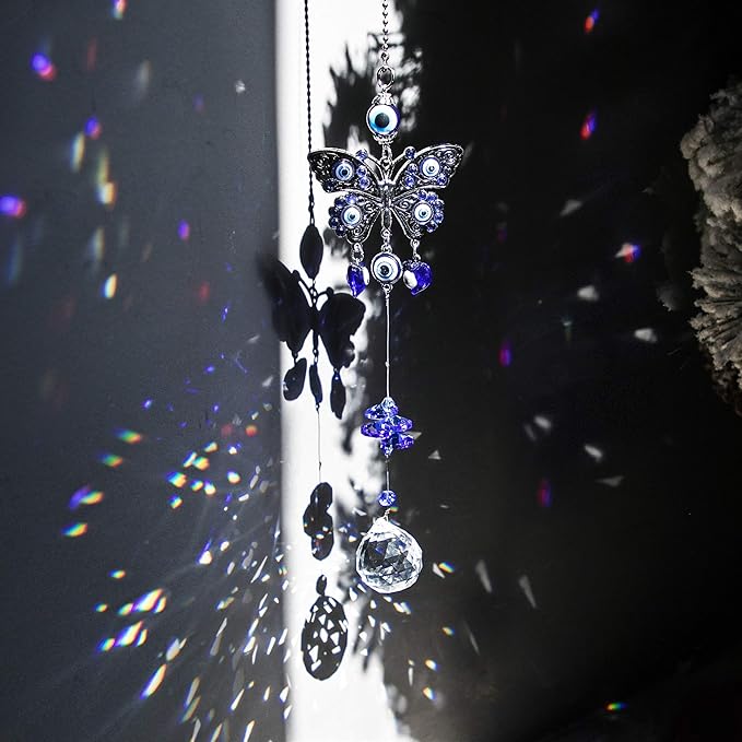 Turkish Blue Evil Eye Butterfly Wall Hanging with Crystal Suncatcher Ornament for Home Decor Protection Good Luck Blessing Housewarming Birthday Gift-VerdiqueGarden