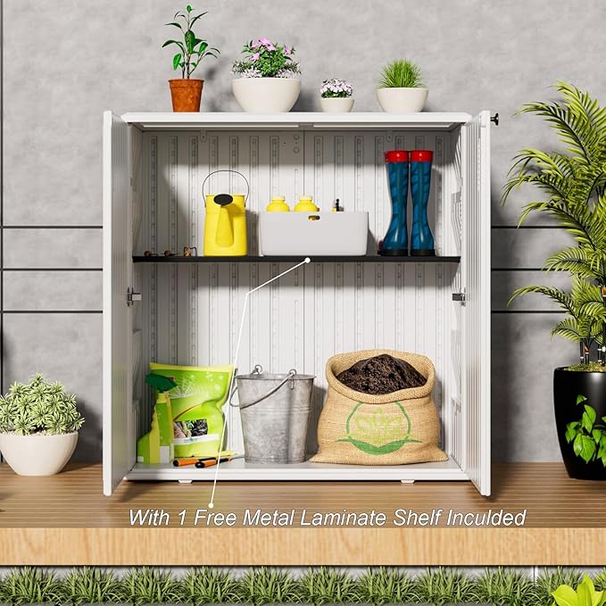 HOMSPARK Indoor/Outdoor Storage Cabinet with Doors and Shelf, 34”x16”x36” HDPE Plastic Storage Box for Patio, Bedroom, Bathroom, Living Room, Balcony, Multi-Purpose for Daily Tools, White-VerdiqueGarden