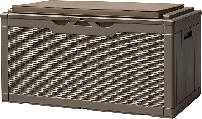 Devoko 100 Gallon Deck Box, Waterproof Resin Outdoor Storage Box with Cushion for Outside, Large Outdoor Storage Bench Cabinet Lockable for Patio Furniture and Garden Tools (Brown)-VerdiqueGarden