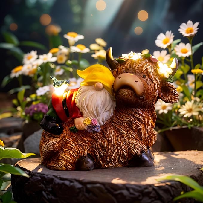 Garden Gnome Statue - Highland Cow with Solar Flower LED Lights and Bird - Funny Outdoor Decor for Table, Patio, Lawn - Unique Birthday Gifts for Mom, Women, and Christmas Decorations-VerdiqueGarden