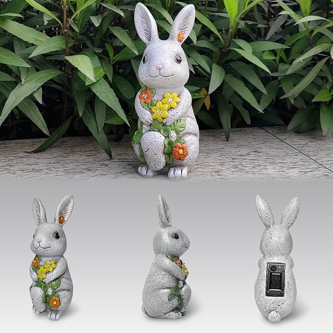 Solar Easter Rabbit Statue - Rock-Like Design with Flower Lamp Beads Woman Gifts Resin Easter Bunny Sculpture for Indoor and Outdoor Statue Decor, Garden Decoration-VerdiqueGarden