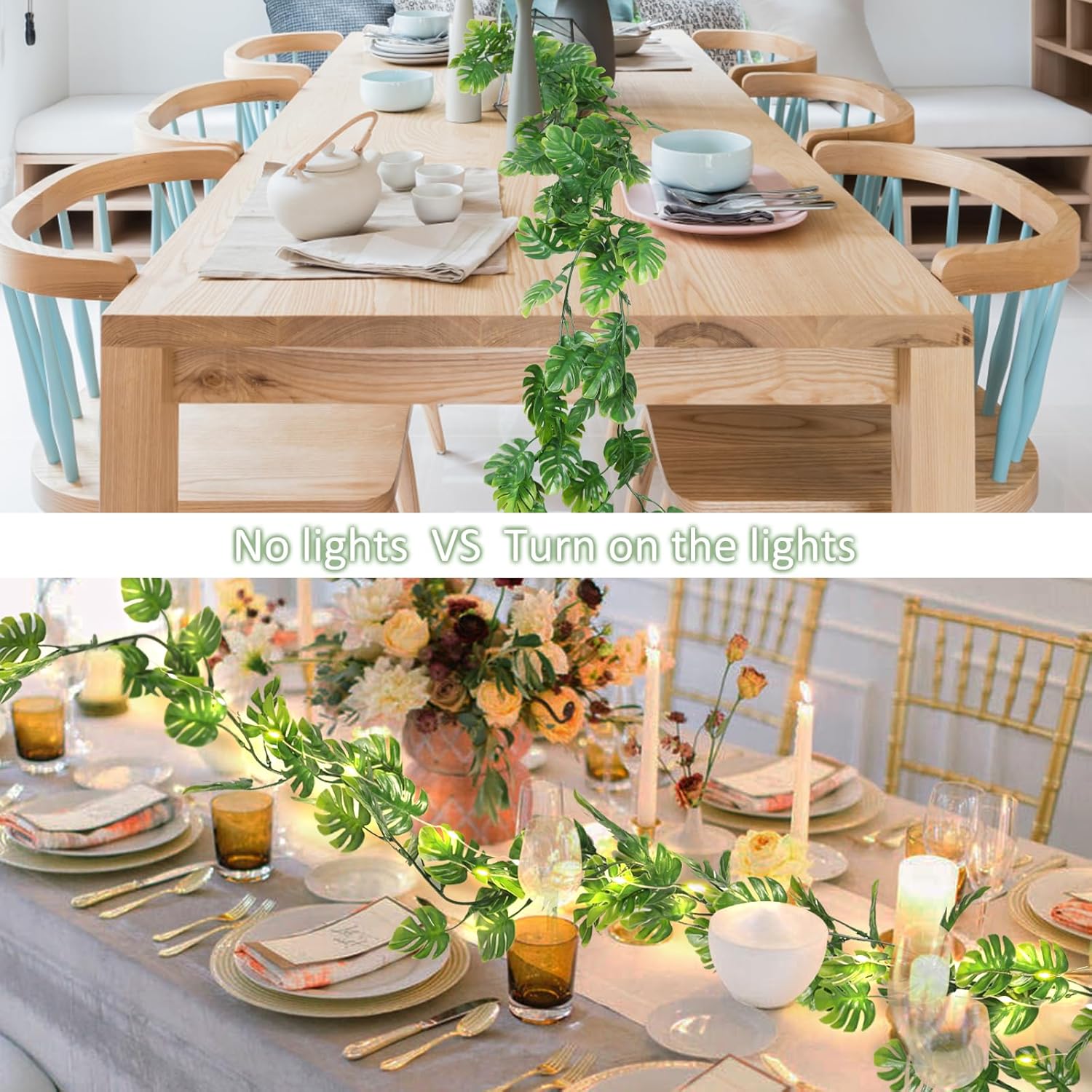 RECUTMS Artificial Monstera Leaf Vines Whit Light 2Pcs, 5.9FT Fake Hanging Ivy Plant Faux Tropical Palm Leaves Greenery Vine Garland Indoor Outdoor Garden Porch Patio Jungle Luau Birthday Party Décor-VerdiqueGarden