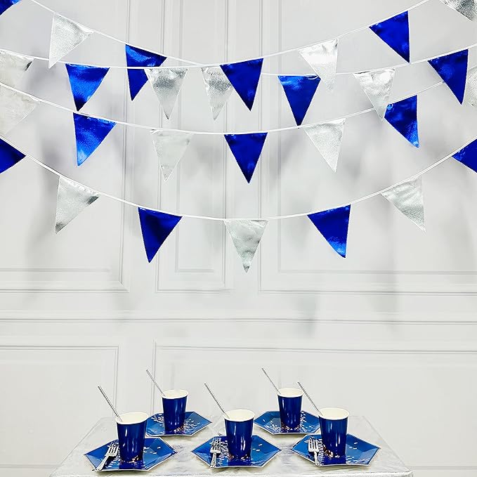 Royal Blue Silver Party Decorations Navy Blue Triangle Pennant Banner Flag Metallic Fabric Bunting Garland for Birthday Graduation Wedding Retirement Nautical Ahoy Achor Pirate Theme Party Supplies-VerdiqueGarden