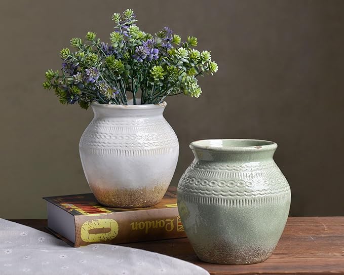 Quoowiit Ceramic Rustic Farmhouse Vase, White Distressed Flower Vase for Home Decor, Boho Decorative Vases for Centerpiece Table Decorations, Vases for Living Room Kitchen Entryway Mantle Shelf Decor-VerdiqueGarden