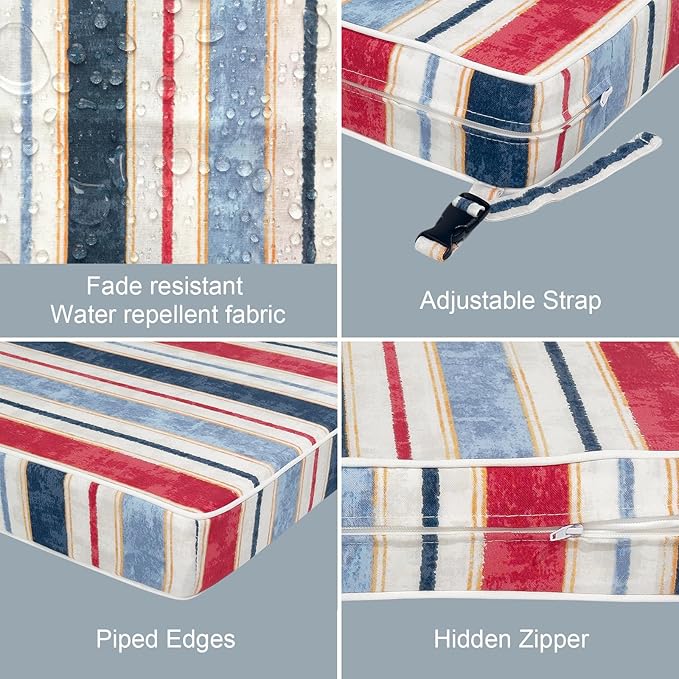 LVTXIII Patio Chair Cushions 19"x19"x3", Water-Repellent Outdoor Seat Cushions for Patio Furniture, Square Chair Pads with Ties for Home Garden Decoration, Set of 2, Stripe Red Blue-VerdiqueGarden