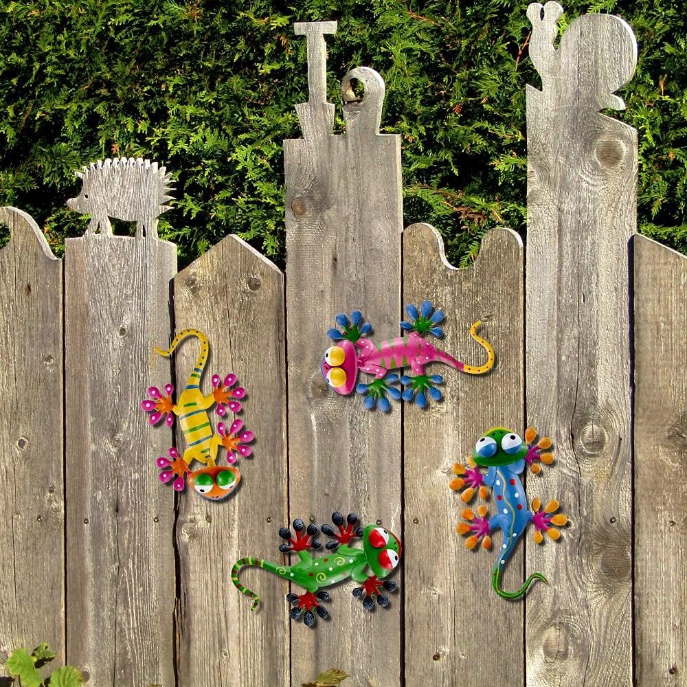 hogardeck Metal Gecko Outdoor Wall Decor, 4 Pack Lizard Art Garden Sculptures & Statues with Shaking Head Spring Decor for Front Yard Fence Patio-VerdiqueGarden