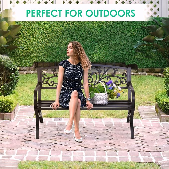 FDW Outdoor 50 Inches Garden Bench, Slatted Seat Armrests Floral Design Backres and Arch Legs, Perfect for Park, Yard, Porch, Lawn, Balcony, Backyard, Black-VerdiqueGarden