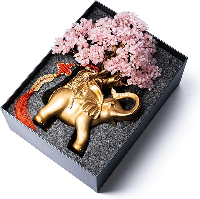 Rose Quartz Crystal Money Tree on Gold Elephant Statue, 17”Large Gemstone Bonsai Tree of Life Home Décor Gifts for Wealth Positive Energy, Feng Shui Décor-VerdiqueGarden