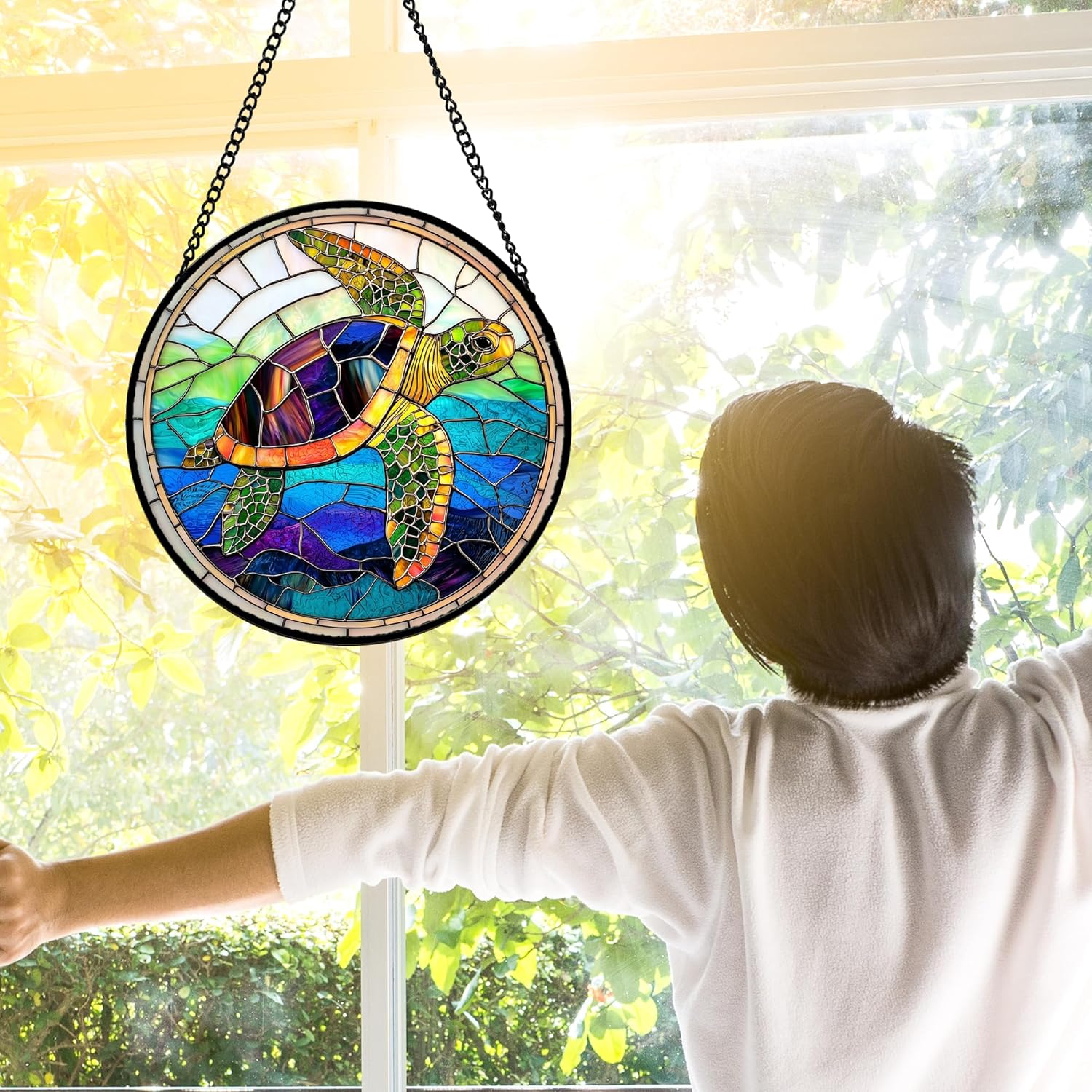 Stained Glass Window Hanging, Colored Turtle Ocean Suncatcher Diamond Glass Panel Hangings Marine Life Sun Catchers Decor for Birthday for Women, Men, Wife, Aunt, Mom 7.8 in-VerdiqueGarden