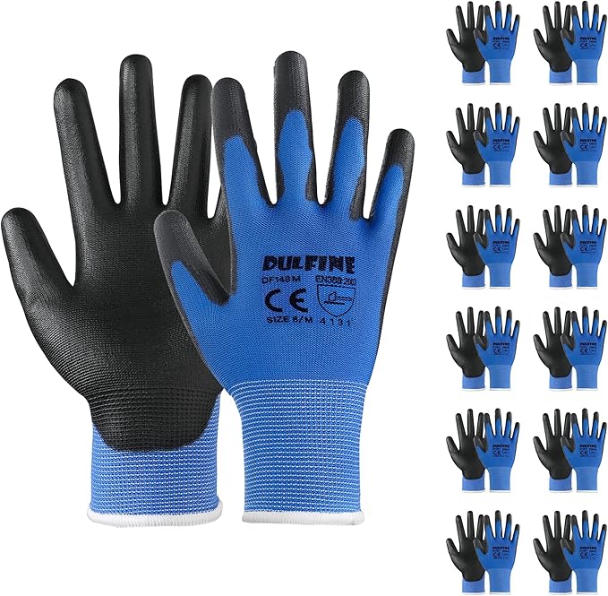 DULFINE Safety Work Gloves PU Coated-12 Pairs,Blue Seamless Knit Glove with Polyurethane Coated Smooth Grip on Palm & Fingers, for Men and Women, Ideal for General Duty Work (Large)-VerdiqueGarden