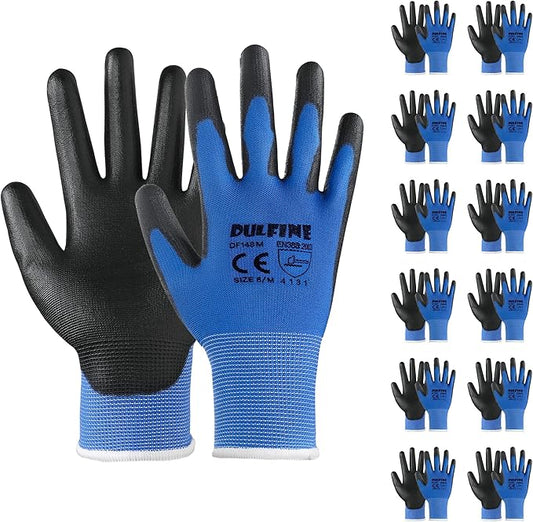 DULFINE Safety Work Gloves PU Coated-12 Pairs,Blue Seamless Knit Glove with Polyurethane Coated Smooth Grip on Palm & Fingers, for Men and Women, Ideal for General Duty Work (Large)-VerdiqueGarden