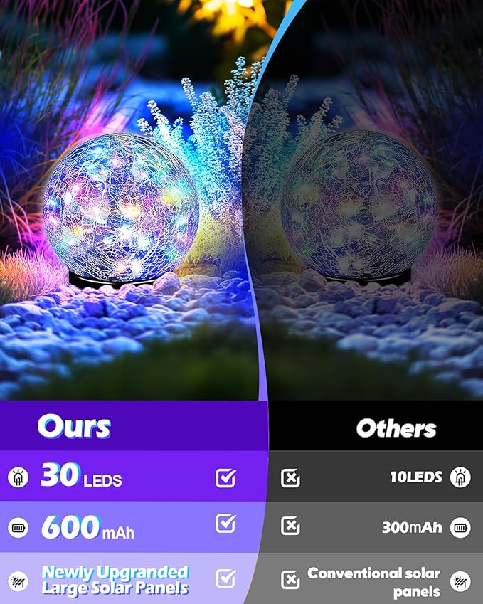 Garden Solar Ball Lights Outdoor Waterproof, 30 LED Cracked Glass Globe Solar Power Ground Lights for Path Yard Patio Lawn, Christmas Decoration Landscape Colorful (2 Pack 3.9'')-VerdiqueGarden