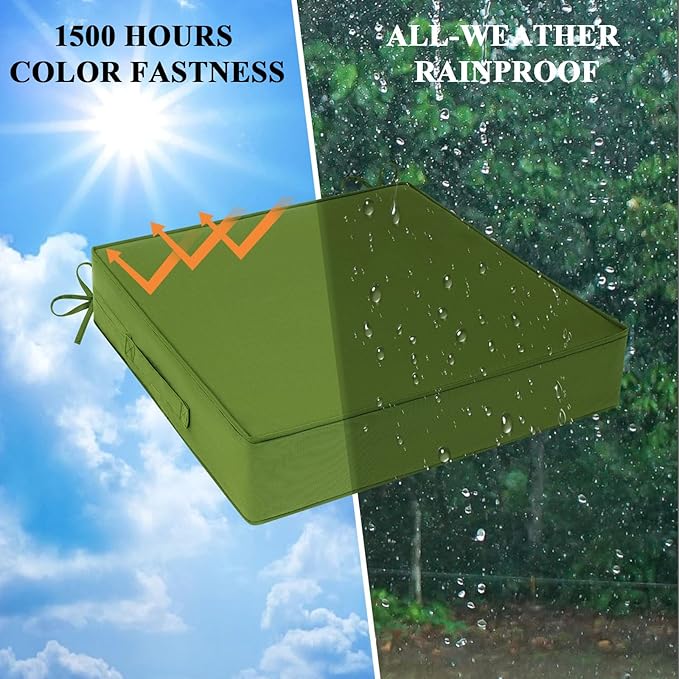 Outdoor Chair Cushions Set of 2 for Patio Furniture 24x24x4 Inch Waterproof Patio Chair Cushion 3 Year Color Fastness Square Elastic Foam Garden Couch Pads with Ties and Handle,Green-VerdiqueGarden
