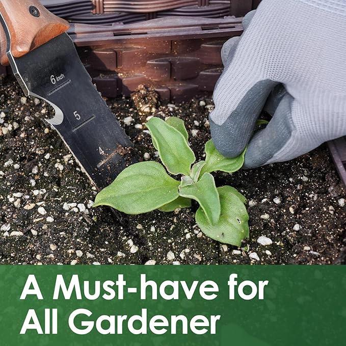 Hori Hori Garden Knife, Garden Tools with Sheath for Weeding,Planting,Digging, 7" Stainless Steel Blade with Cutting Edge, Full-Tang Wood Handle with Hanging Hole-VerdiqueGarden