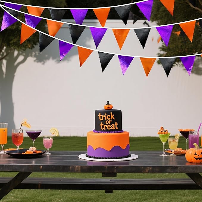 Black Orange Purple Halloween Party Decorations Metallic Fabric Triangle Pennant Banner Flag Bunting Garland for Birthday Baby Shower Bachelorette Trick or Treat Halloween Holiday Party Supplies-VerdiqueGarden