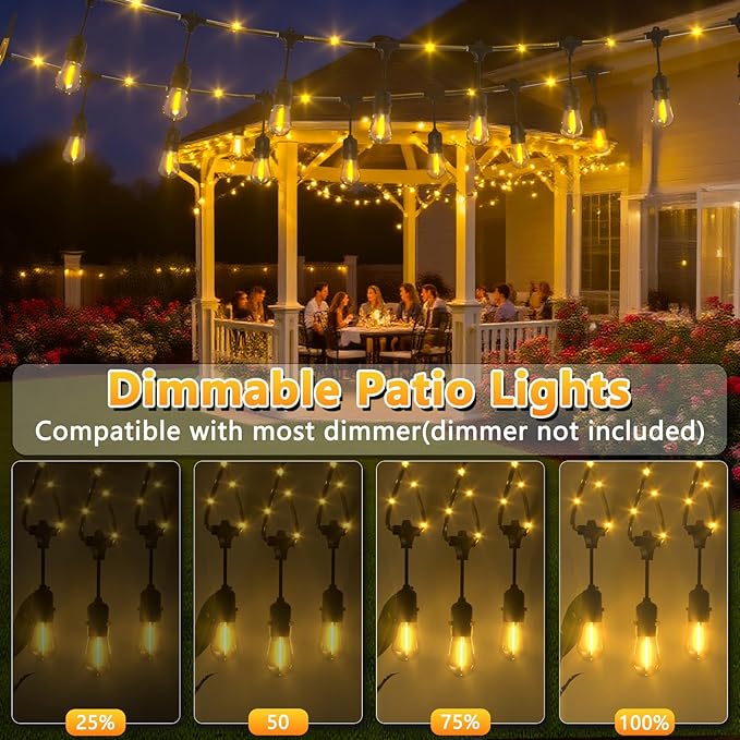Outdoor String Fairy Lights, 24ft Dimmable Patio Lights with 12+1 S14 Retro Edison Bulbs & 72 Fairy Rope, IP65 Waterproof, LED Outside Hanging Light for Backyard Gazebo Bistro, 10 Strands Connectable-VerdiqueGarden