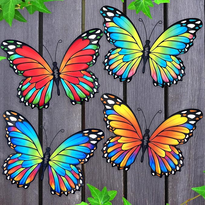 Oraytteo Metal Butterfly Outdoor Wall Decor - 4 Pack 9.8in Metal Butterflies Fence Art Decoration, Indoor Outdoor Patio Backyard Garden Decorations, Gift for Mom Dad Friends-VerdiqueGarden