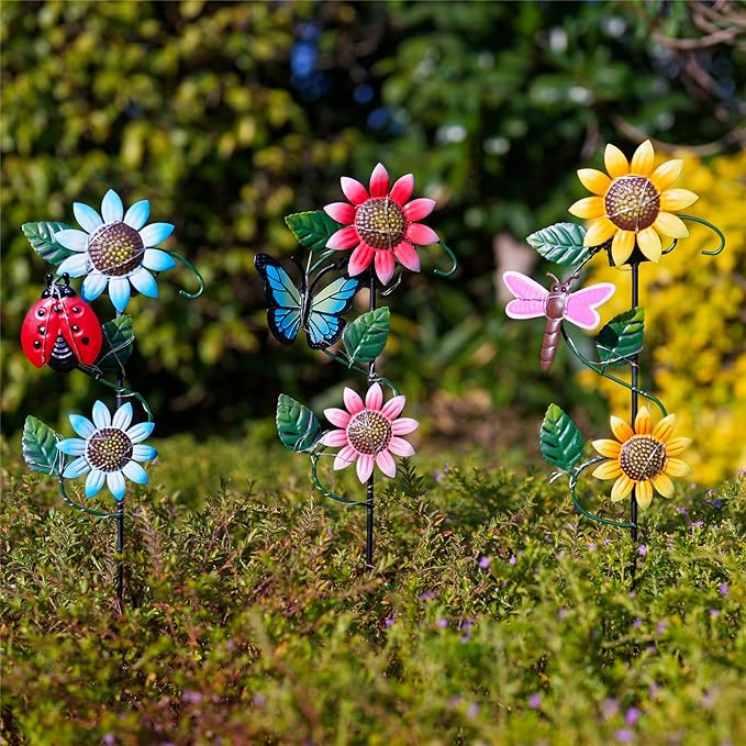 3 Pack Solar Garden Light, Sunflower & Insect Metal Solar Stake Lights, Outdoor Statues Figurine Lights for Spring Garden Lawn Patio Yard Decor-VerdiqueGarden