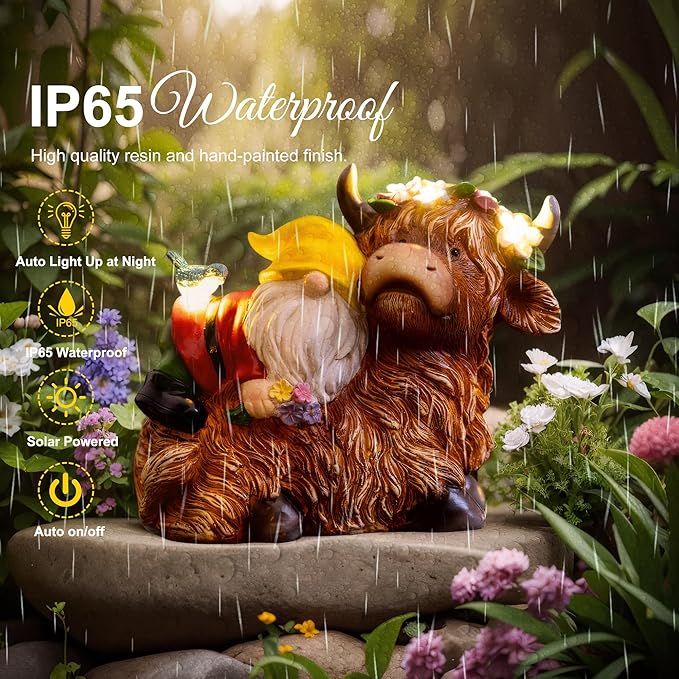 Garden Gnome Statue - Highland Cow with Solar Flower LED Lights and Bird - Funny Outdoor Decor for Table, Patio, Lawn - Unique Birthday Gifts for Mom, Women, and Christmas Decorations-VerdiqueGarden