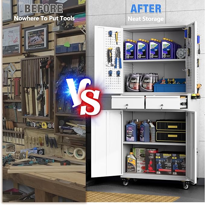 Metal Garage Storage Cabinet with Locking Doors and 2 Adjustable Shelves, Rolling Tool Storage Cabinet with 4 Wheels and 2 Drawer for Garage, Warehouse, White and Gray, Assembly Required-VerdiqueGarden