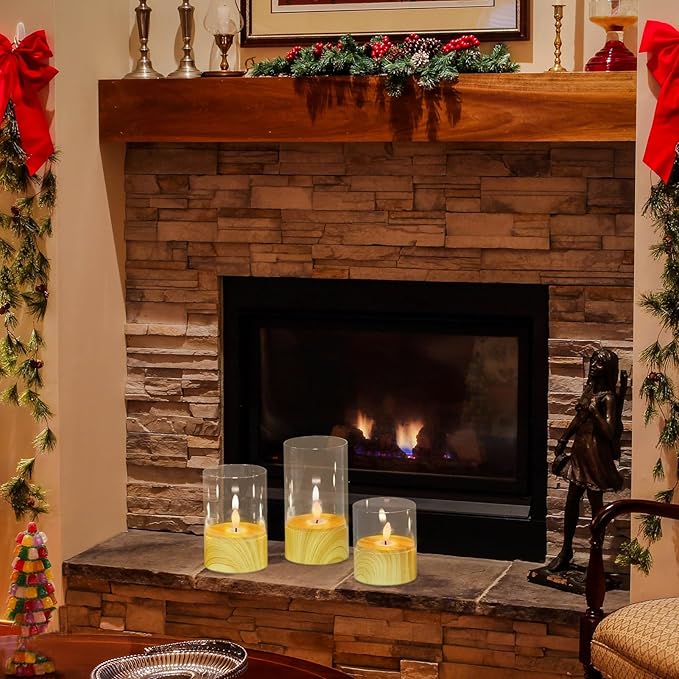 Battery Operated Candles with 6H Timer, 3 Pack Glass LED Flikcering Flameless Candles, Clear Pillar Candles with 3D Flame for Spring Wedding Home Bedroom Decor(Set of 3)-VerdiqueGarden