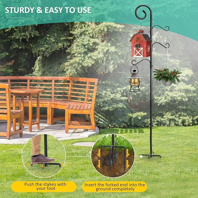 108 Inch Shepherds Hooks for Outdoor 2 Pack, Bird Feeder Poles with 4 Hooks, Shepherds Hook for Bird Feeders Outside with Base, Garden Pole for Hanging Plant Baskets, Weddings Decor (108 Inch)-VerdiqueGarden