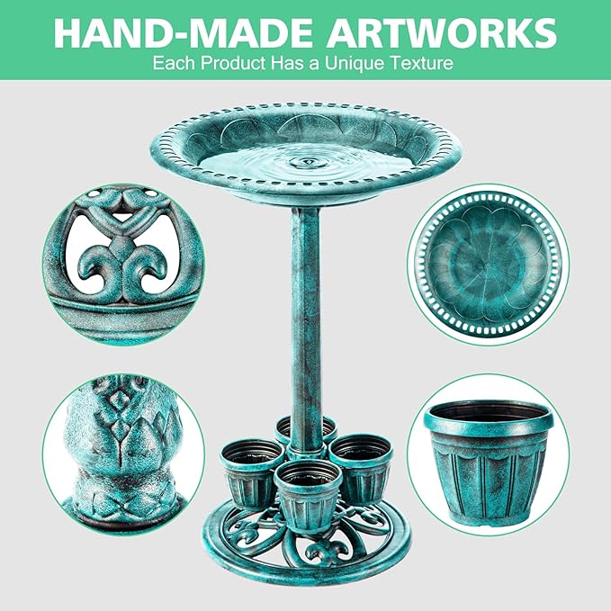 Bird Bath for Outside with 4 Removable Flower Planters 28in Polyresin Lightweight Vintage Birdbath Stake Standing Bowl and Water Feeder Yard Gardan Decor Green-VerdiqueGarden
