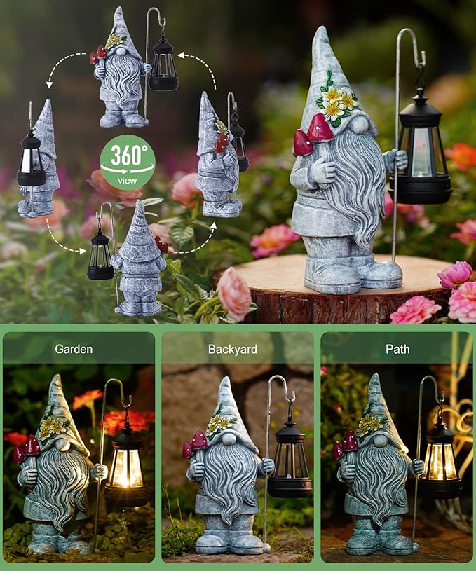 Solar Gnome Statue for Outdoor Decor: Outside Garden Sculpture for Yard Lawn Balcony Patio Porch- Birthday Gifts for Mom Women Grandma-VerdiqueGarden