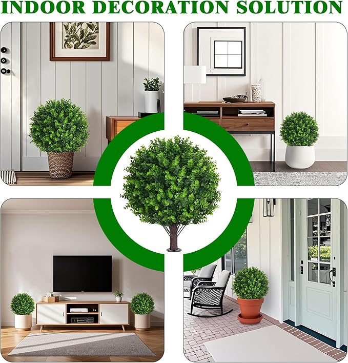 Artificial Topiary Tree with Eucalyptus, Set of 2 Artificial Shrub Bushes with Ground Spike, Fake Evergreen Tree for Porch, Artificial Plants for Outdoor Planters Indoor UV Resistant-VerdiqueGarden