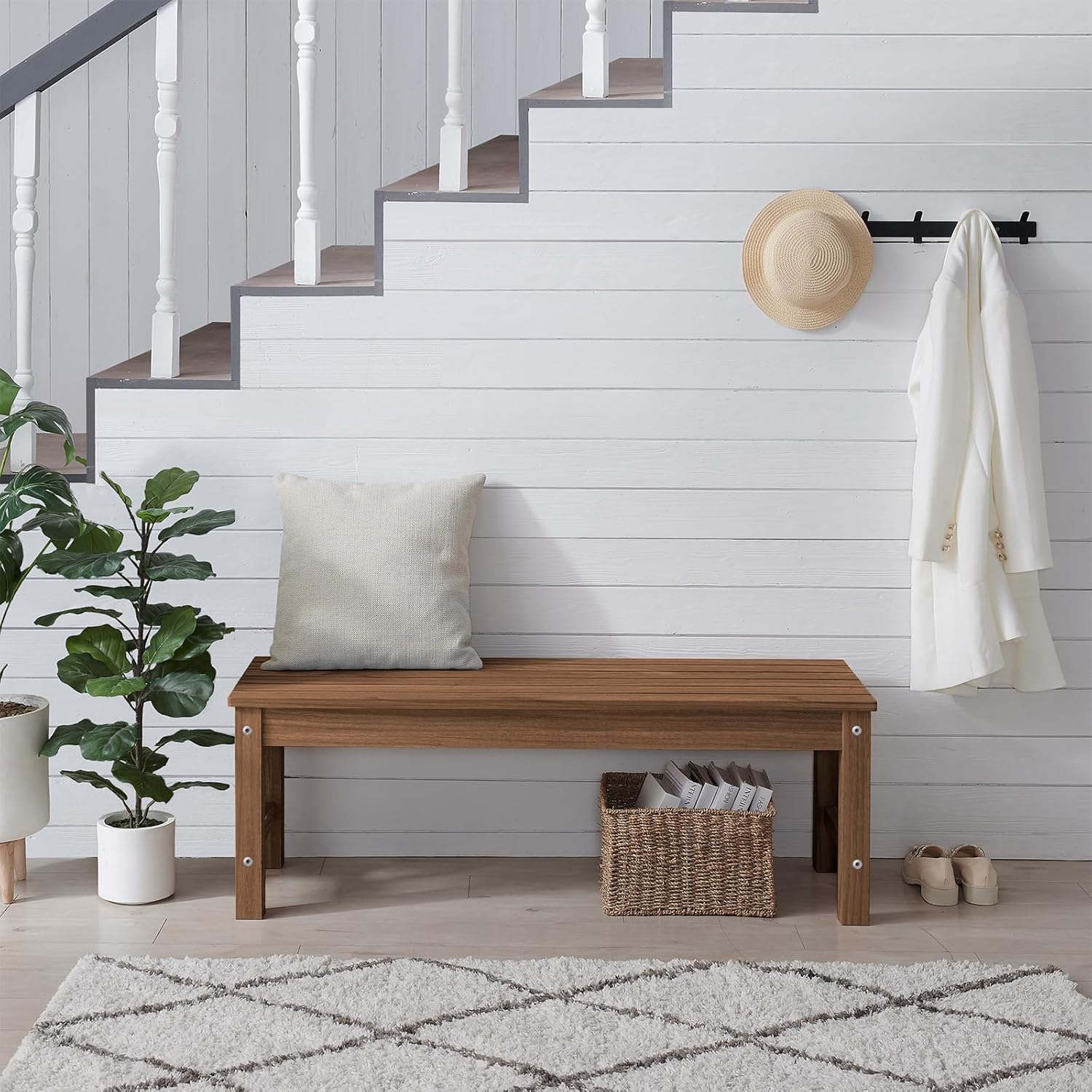 Psilvam 2-Person Outdoor Poly Lumber Patio Backless Bench, Fade-Resistant & Odor-Free Poly Lumber Patio Furniture, Weatherproof, Suitable for Garden, Porch and Park, 700 Lbs Support (1, Light Brown)-VerdiqueGarden