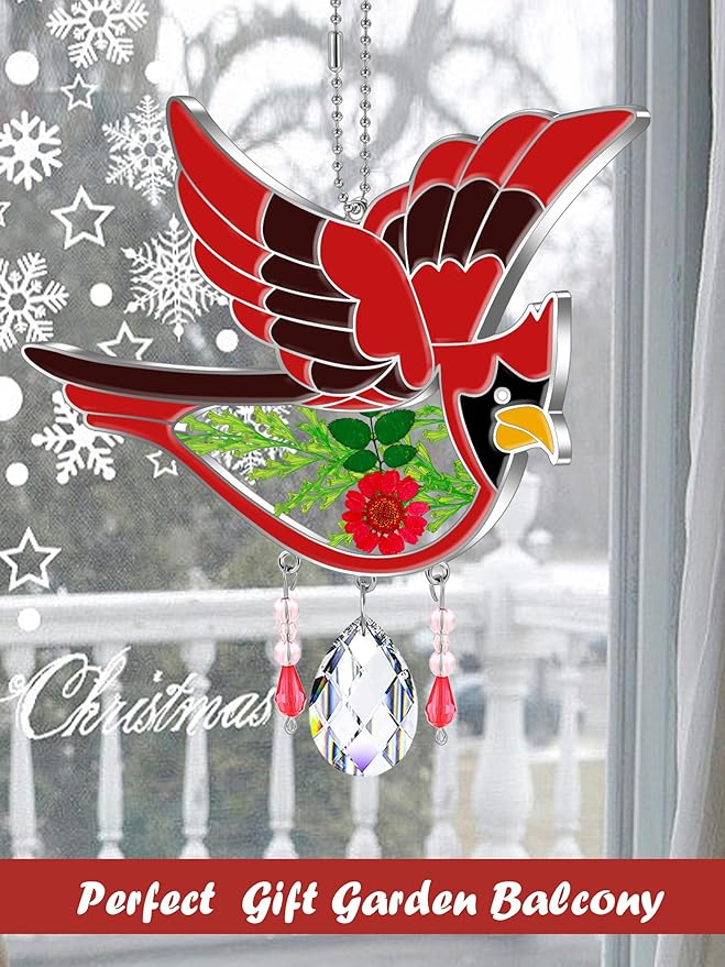 KY&BOSAM Cardinal Suncatcher Crystal Had Painted Glass Sun catchers Hangings for Windows Ornament with Pressed Real Flower and Heart Charm Birthday Gifts for Women Mom Mother's Day Christmas Mom Gifts-VerdiqueGarden