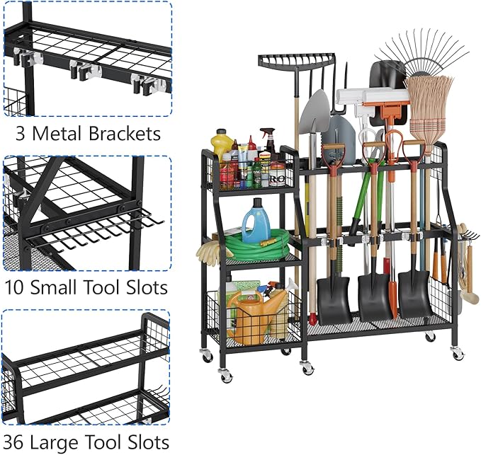 keomaisyto Garden Tool Organizer with 6 Wheels(3 lockable), Heavy Duty Yard Tool organizer with 2 Basket, Large Metal Garage Tool Organization and Storage for Garage/Shed/Yard/Broom Closet/Lawn-VerdiqueGarden