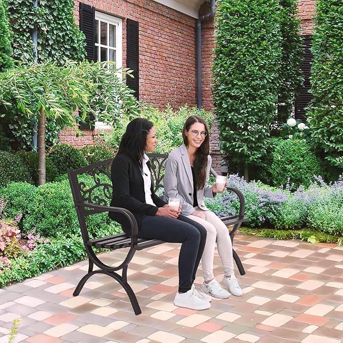 FDW Outdoor 50 Inches Garden Bench, Slatted Seat Armrests Floral Design Backres and Arch Legs, Perfect for Park, Yard, Porch, Lawn, Balcony, Backyard, Black-VerdiqueGarden