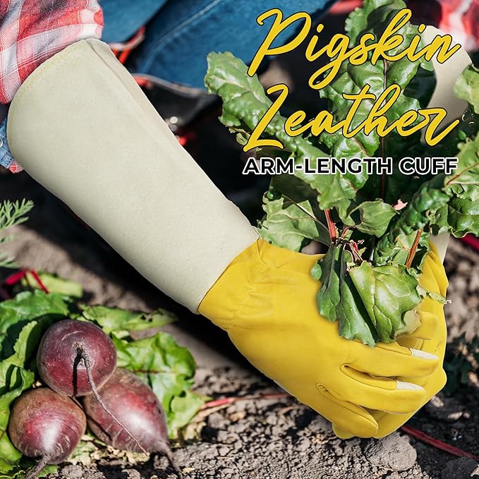 HANDLANDY Rose Pruning Gardening Gloves for Men Women, Thorn Proof Forearm Protection Leather Garden Gloves, Gardening Gifts for Gardeners (Yellow- Goatskin, X-Large (Pack of 1))-VerdiqueGarden