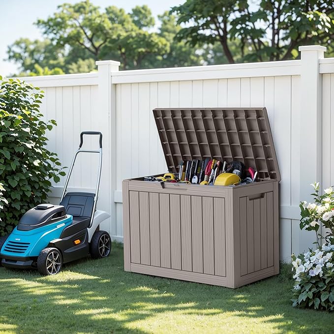 DRATO 45 Gallon Deck Box, Outdoor Storage Box for Patio Furniture, Patio Cushions, Gardening Tools, Pool Supplies 480lbs Weight Capacity,Waterproof Resin Storage Boxes-VerdiqueGarden