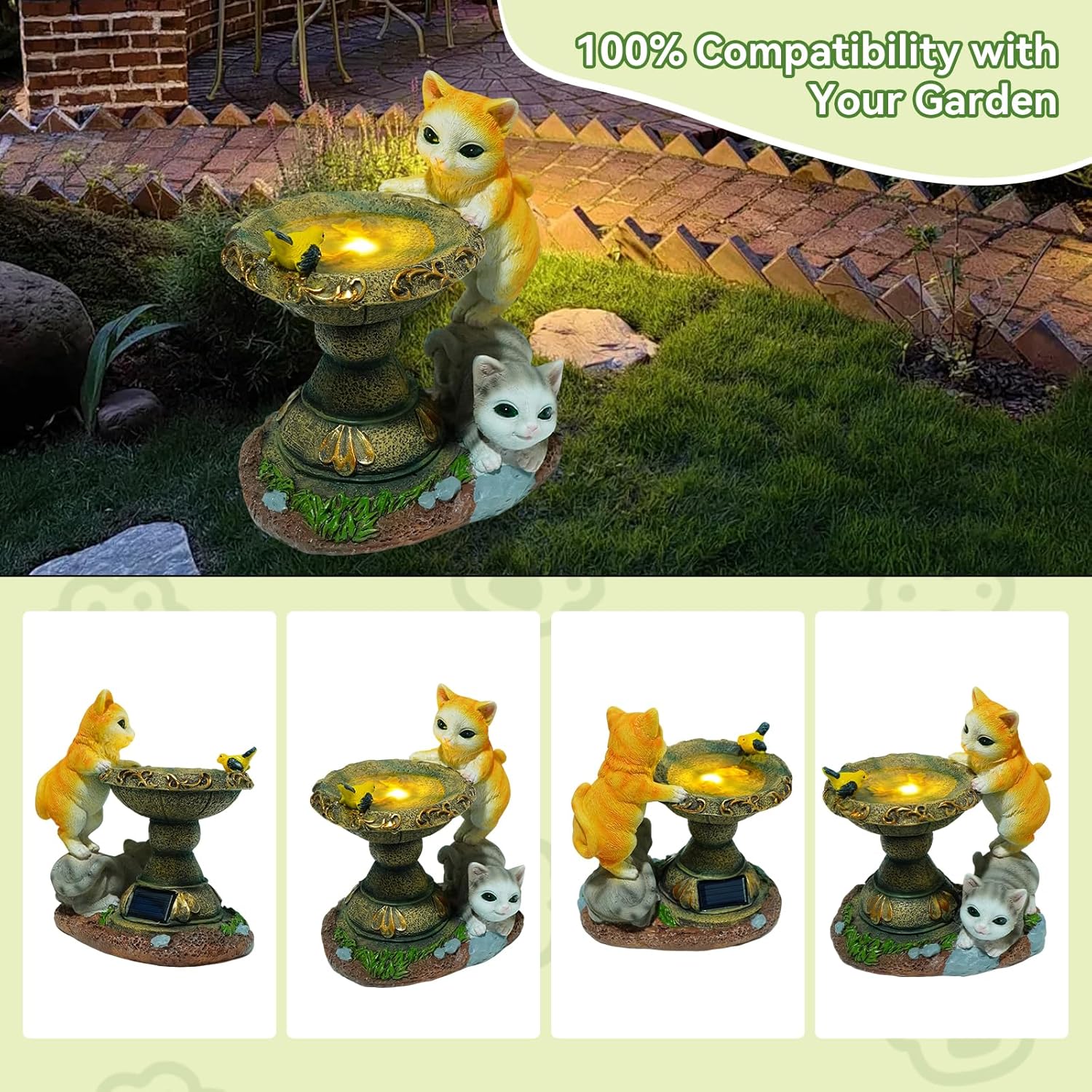 Solar Two Kittens Garden Statues with LED Lights, Outdoor Decor for Patio Yard Balcony - Unique Housewarming Birthday Gifts for Women Mom Grandma-VerdiqueGarden